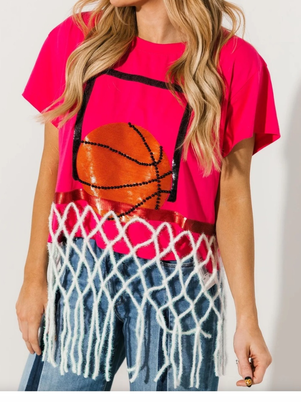 QUEEN OF SPARKLES Hot Pink Basketball Net Short Sleeve Tee
